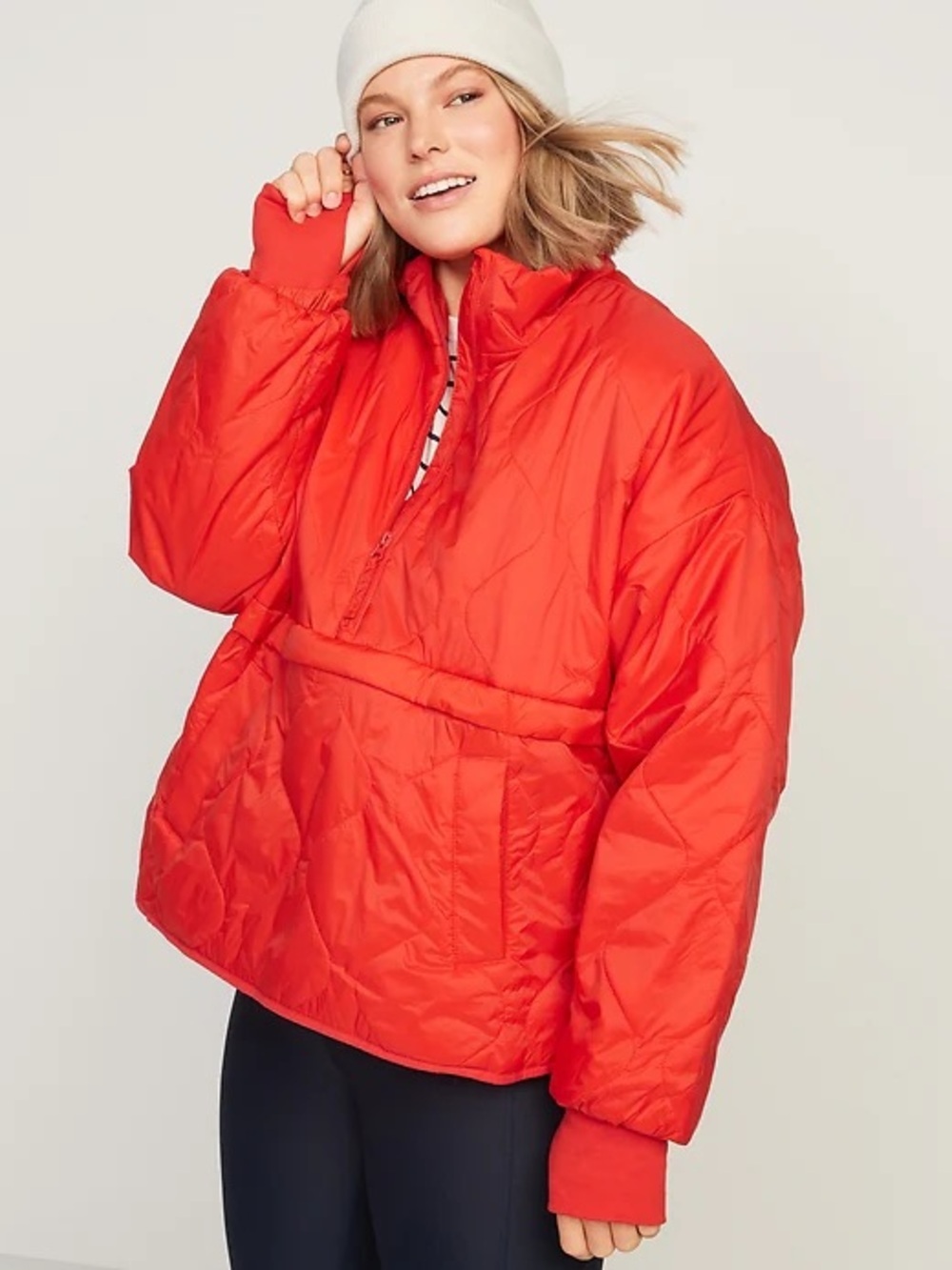 Quilted Oversized Packable Half Zip Pullover Jacket - Red Orange